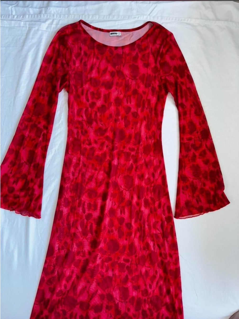 Red Patterned Long Sleeve Maxi Dress